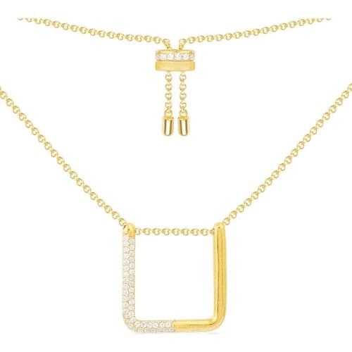 SLJELY Fashion Real 925 Sterling Silver Yellow Gold Color Square Adjustable Necklace Micro Cubic Zirconia Women Fine Jewelry