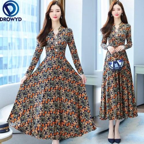 2021 Autumn New Retro Printed V Collar Long Sleeve Collect Waist Women Knitting Cotton Long Dress Women Elegant Party Vestidos