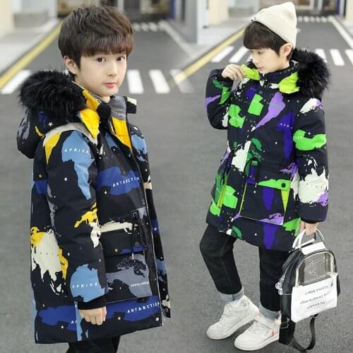 Russian winter Baby boys winter coat thickening warm parka 5-13 years old fur collar and Big pocket Camouflage print long coat