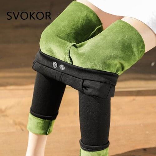 SVOKOR Plus Size Winter Velvet Leggings with Button High Waist Thicker Womens Legging Slimming Fashion Pencil Pants Soft S-5XL