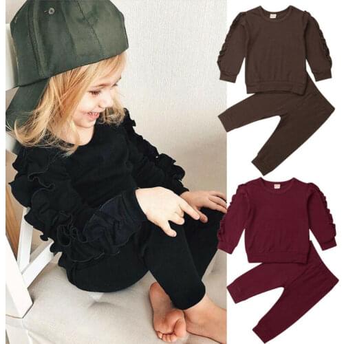 2Pcs Toddler Baby Girls Kids Ruffles Sleeve T-shirt Tops+Long Pants Leggings Outfit Clothes Set Pure Color 2Pcs Autumn Warm