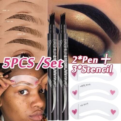 5pcs/lot Eyebrow Pen Waterproof Fork Tip Eyebrow Tattoo Pencil Long Lasting Sketch Eye Brow Pencil with Stencil Card