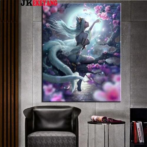 Full Square Round Diamond Embroidery DIY Diamond Painting Nine Tailed Fox Woman Flower Cross Stitch kit mosaic Y4496