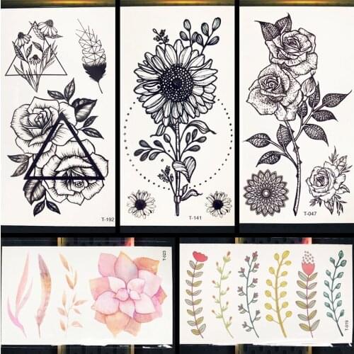 Black Temporary Tattoo Sunflower Leaves Rose Henna Tattoo For Girl Women Tattos Body Chest Hands Ankle Art Water Transfer Tattoo