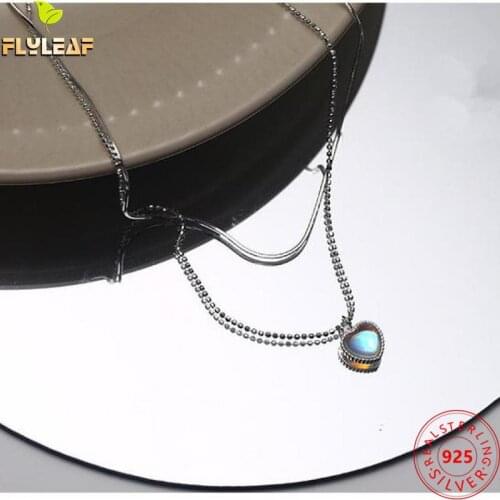 Double Layer 925 Sterling Silver Necklace For Women Heart Moonstone Beads Chain Necklaces & Pendants Fashion Fine Jewelry