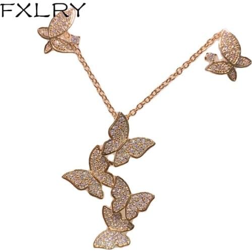 FXLRY luxury Shining Lovely Micro AAA Cubic Zircon Long Butterfly Necklace And Earring Set for Wedding Engagement Jewelry
