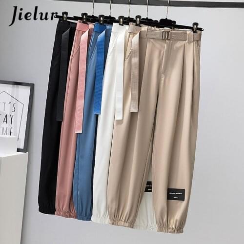 Jielur Autumn Thin Casual Trousers Female Korean Street Fashion Harem Pants Belt Patches Loose Cool Khaki White Women Pants M-XL