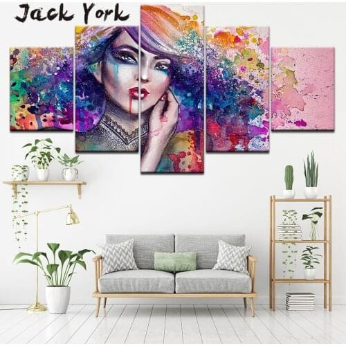 Canvas Painting abstract portrait Multicolor shy girl 5 Pieces Wall Art Painting Modular Wallpapers Poster Print Home Decor