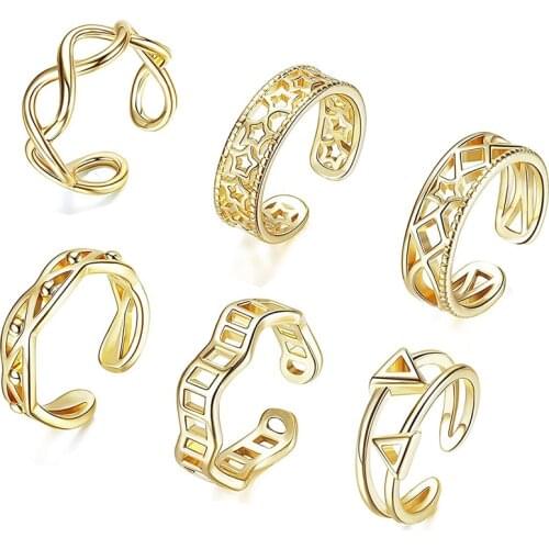 6PCS Adjustable Toe Rings for Women Hollow Star Moon and Star Fingers Band Tail Ring Open Toe Rings Beach Foot Jewelry