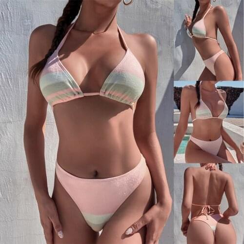Splicing Halter Bikini Female Swimsuit Women Swimwear 2-Pieces Bikini Set Mid Waist Ribbed Bathing Suit Swim