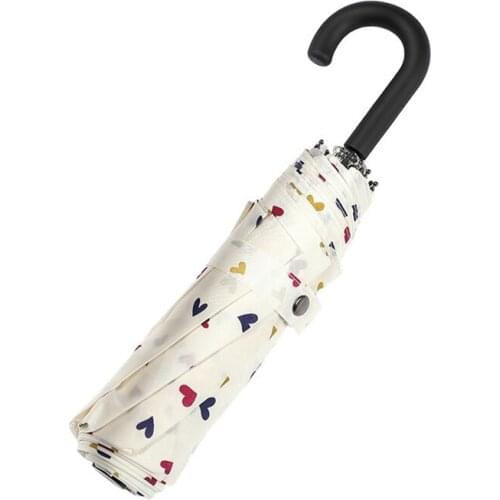 Fashion Umbrella Love Print Curved Hook Folding Umbrella Tri-Fold Sun Umbrella Rain and Sun Dual-Use Umbrella