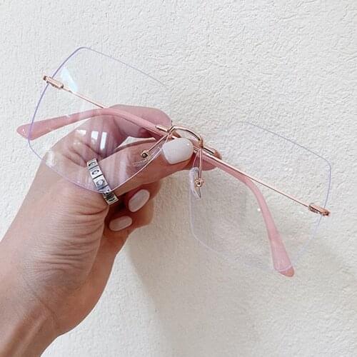 New Cutting Rimless Anti-blue Glasses For Women Vintage Alloy Oversized Square Computer Eyewear Female Print Ultralight Shades