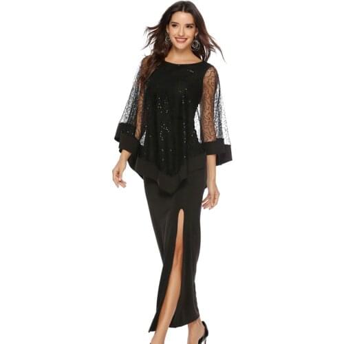 Autumn Women‘s Dress Sequins Sexy Lace Mesh Patchwork Slim Empire Long Casual Style Female Vestido Elegant Chic Party Robe C2995