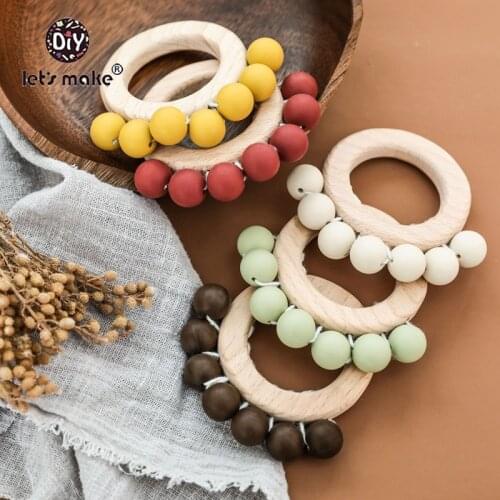 LetS Make 5pcs Baby Toys Wooden Rattle Teether Baby Toys Engraved Wood Beads Hexagon Teether Silicone Beads Baby Crib Rattle