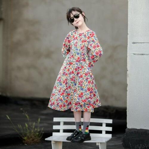 Korean Style Teen Girls Floral Casual Dress 2021 Spring New Children Cotton Printed Cute Long Style Clothing Sweet, #9393