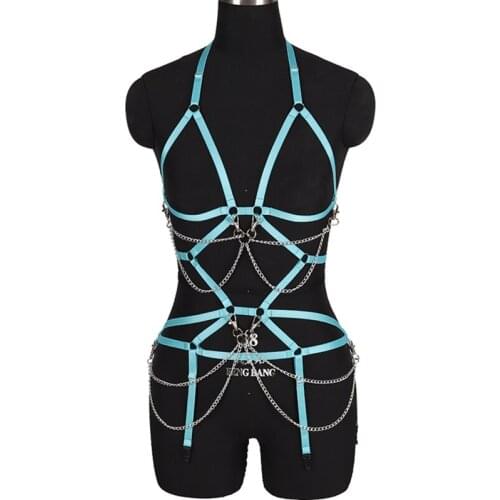 Strappy Harness Bra Set Full Bondage Hollow Out Body Metal Chain Cross Cage Bra Cupless Adjust Lingerie Fetish Gothic Plus Size