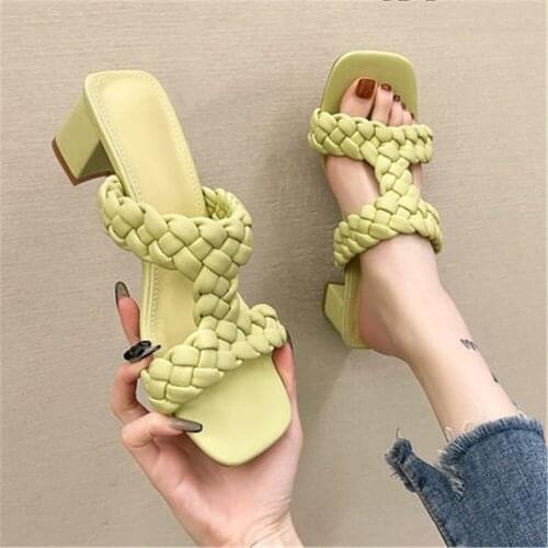 Thick High Heel Square Toe Slippers Outdoor Wear Temperament Cool Drag Weaving 2021 Summer New Comfortable Sweet Beauty Shoes