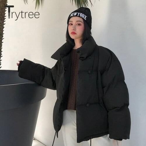 Trytree Womens Jacket 2020 Winter Casual Pockets Solid Streetwear Padded Jacket Double breasted Drawstring Hem Womens Coat