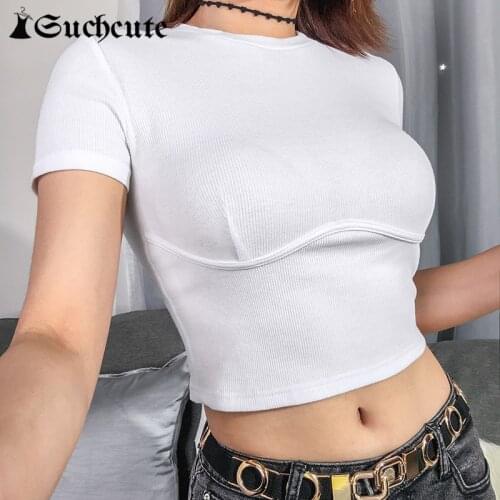 SUCHCUTE Female T-Shirt Crop Top White Shirt Strap Poleras Mujer De Moda 2019 Summer Polera Blanca Hot Casual Korean Style Women