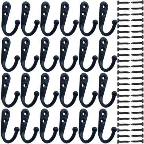 24 Pieces Coat Hooks Wall Mounted Robe Hook Single Coat Hanger No Scratch and 50 Pieces Screws Black