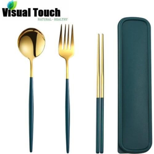 Visual Touch 3pcs/Set Dinnerware Portable Printed Stainless Steel Spoon Fork Steak Knife Set Travel Cutlery Tableware With Bag