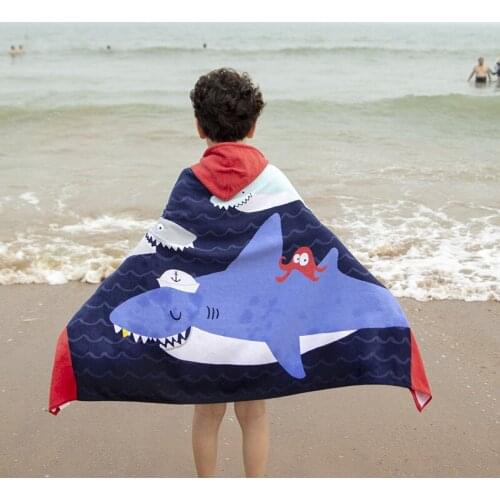 High Quality Beach Towel for Children Cotton Hooded Bath Towel Cloak Kids Baby Bathroom Towels Cartoon Sharks Bus Dolphin Soft
