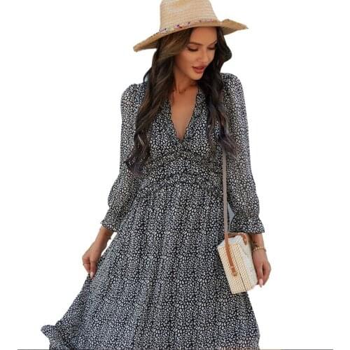 YYCZF Dresses Sp & AU 2021 Sexy Party Beach V Neck Wrist Sleeve High Waist Simple Ruffles Print Black Green Dress Vestido