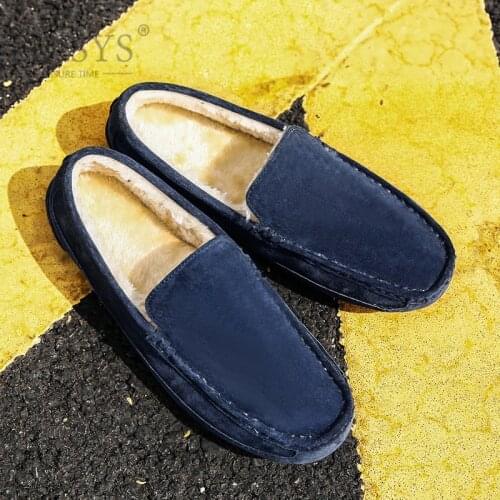 FIXSYS Suede Man Casual Shoes Winter Fur Driving Shoes Warm Plush Flat Moccasins Fashion Fur Casual Loafers Slip-on Boat Shoes