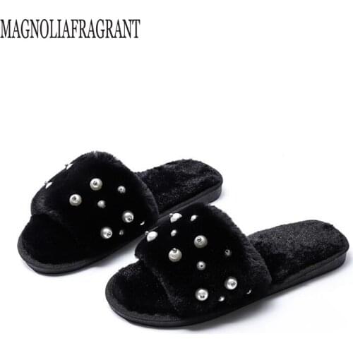 2018 Fashion Cute Winter woman Plush Slippers Indoor Shoes House pearl Women Slippers Shoes Warm House Slipper pantoufle femme