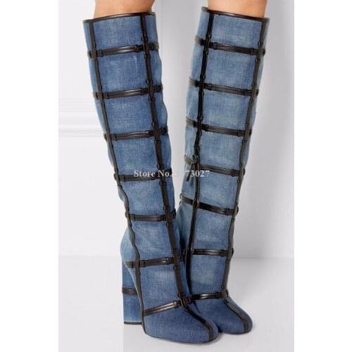 New Chunky Heel Denim Long Boots Women Cross Strap Decor Blue Jeans Over the Knee Boots Ladies Large Size Banquet Shoes Dropship