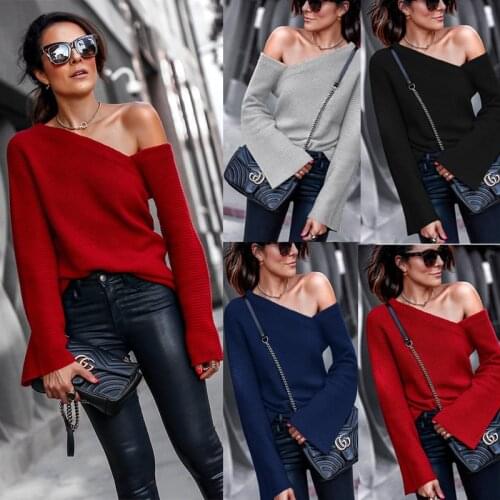 Spring And Autumn Fashion Sexy O-Neck Off Shoulder Women tshirts Top Loose Solid Color Trumpet Long Sleeve Tops Plus Size S-3XL