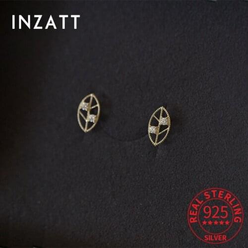 INZATT Real 925 Sterling Silver Zircon Hollow Leaves 14K Gold Stud Earrings For Women Cute Fine Jewelry Minimalist Accessories