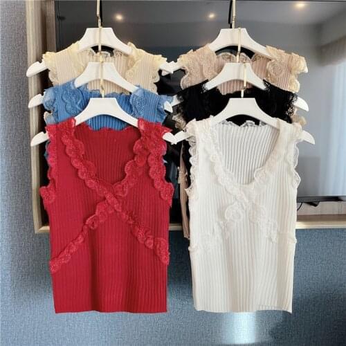 Women Knitting Patchwork Lace Solid Camisole Tops Sleeveless Lace V-neck T-Shirts Girls Sweet Slim Tops Tanks Knitwear