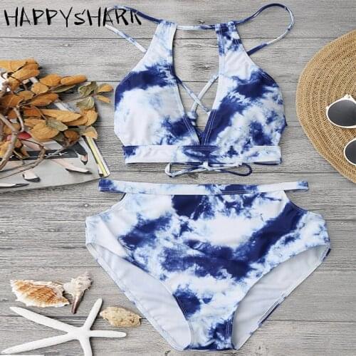 HAPPY SHARK 2018 Sexy Hollow Out High Waisted Bikinis Set Women Floral Printed Biquinis Neck Halter Female 2 Pcs Swimwear