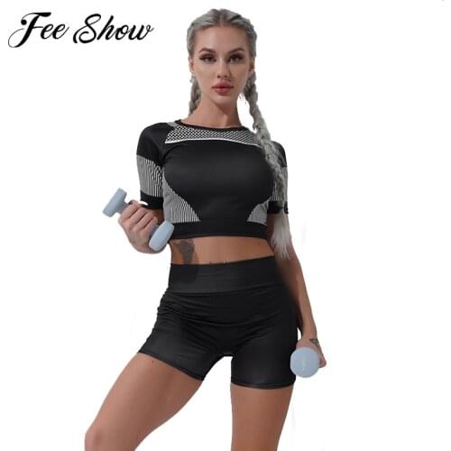 Women Yoga Set Stretchy Sports Cropped T-shirt Sports Shorts Fitness Wear Outfit Two Pieces Gym Yoga Sets Seamless Workout Suits