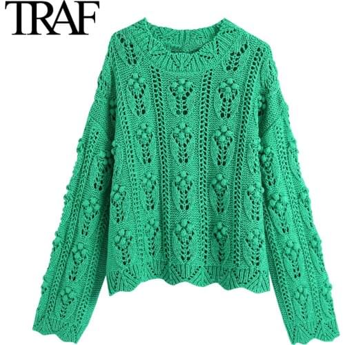 Traf Za Women Fashion Hollow Out Green Cropped Sweater Loose Ball Shaped Decoration Knitted Pullover Tops Mujer