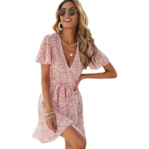 Casual Deep V-neck Floral Print Mini Dress Women Summer Short Sleeve Lace Up Dresses For Women 2021 Pink Boho Ruffle A-line Robe