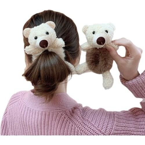 1PC Cute Bear Head Rope Leather Cover Plush Hair Ring Female Trendy Simple Temperament Tied Hair Ponytail Accessories