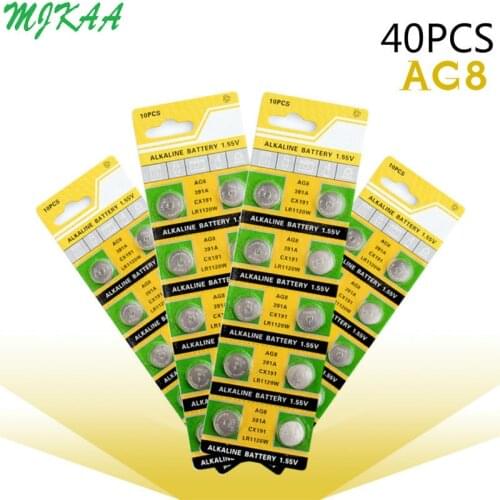 40pcs/pack AG8 LR1120 391 SR1120 Button Batteries 191 LR55 Cell Coin Alkaline Battery 1.55V LR1120W CX191 For Watch Toys Remote