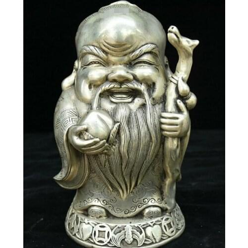 Antique China Silver Longevity Peach Shou Xing Star Dragon Staff Immortal Statue