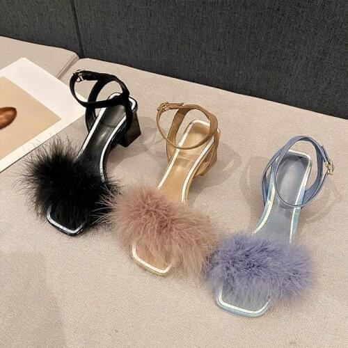 Fashion Sandals Women 2021 Summer New Thick Heel Gentle Fairy Hairy High Heels Sandals Outdoor Party Solid WomenS Footwear
