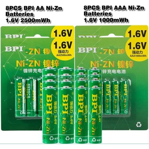 BPI 8Pc/1card 1.6V 2500mWh AA Batteries+8Pcs/1card 1000mWh AAA Batteries NI-Zn AA/AAA Rechargeable Battery