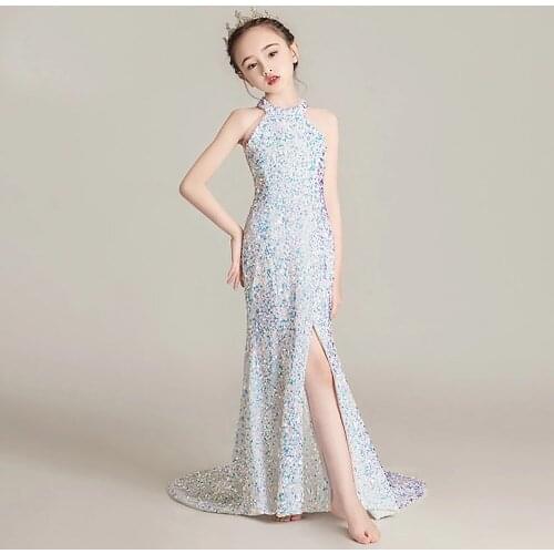 Long Flower Girl Dresses Halter Sequined Mermaid Kids Gowns for Weddings Slit Floor Length Princess Dress