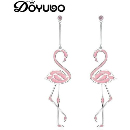 DOYUBO Brand Lovely Design Pink Enamel Flamingo Drp Earrings For Women High Quality Girl Party Copper Earrings Accessories EA005