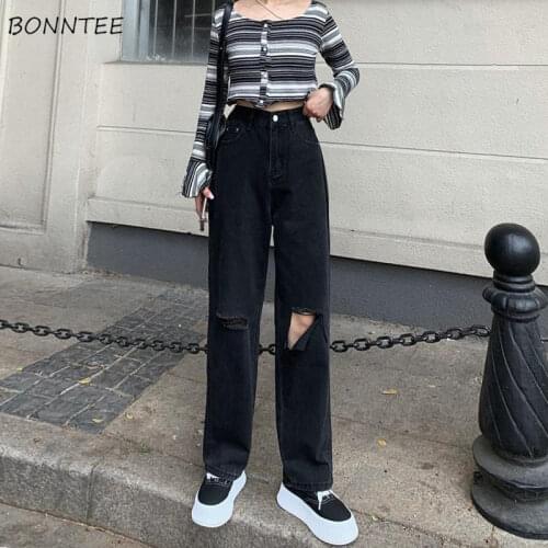 Jeans Women Hollow Out Washed High Waist Pockets Straight Cool Girls Hip Hop Punk Loose Casual Fashion Ulzzang Chic All-match BF