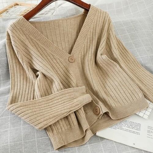 Autumn Women V-Neck Solid Knitted Vintage Sweater Single Breasted Cardigan Long Sleeve Loose Korean Sueter Mujer Female