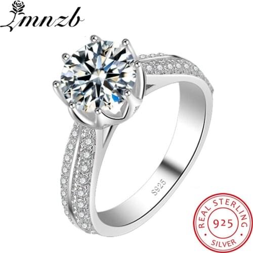 LMNZB 100% 925 Sterling Silver Ring 1.5 ct 7mm Clear Eight Claw Cubic Zirconia Ring Fashion Wedding Jewelry For Women LR299