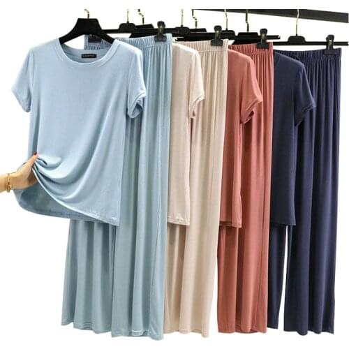 Comfortable Soft Pajamas Set Women Modal Short Sleeve Sleepwear Solid Casual Homewear Female Trousers 2021 Summer Pyjamas Sets