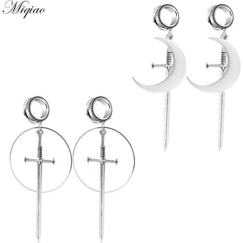 Miqiao 2pcs Fashion Stainless Steel Sword Moon Dot Pulley Ear Expander 6mm-30mm Piercing Jewelry