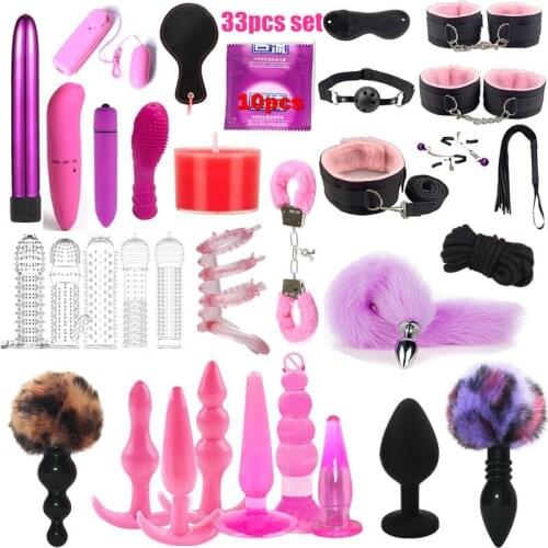 33pcsBondage Restraint Set Sex Handcuffs Whip Anal Beads Butt Plug Anal Plug Bullet Vibrator Sex Toys for Woman Adult S&M Fetish